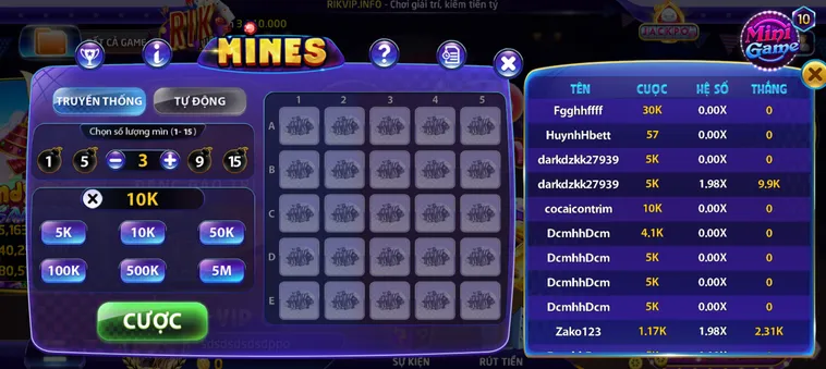 Minigame Mines Tại RikVip Thử Thách Săn Vàng Trong Mỏ Đầy Kịch Tính